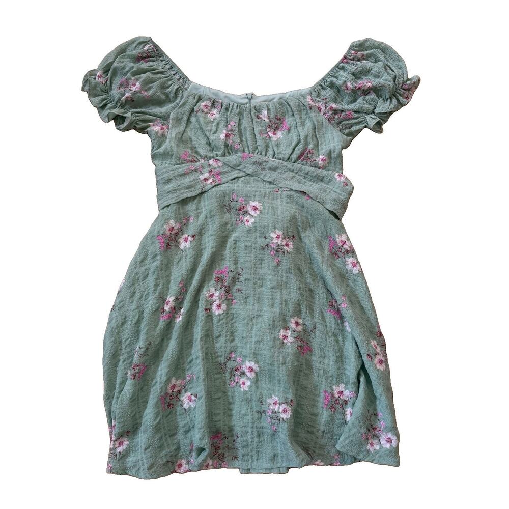 Altard State Sage Green Floral Puff Sleeve Mini Dress Size M Boho Casual